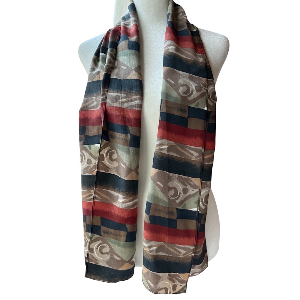 Travis Ayers 100% Silk Vintage Scarf Abstract Geometric Earth Tone Rectangular‎